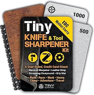 Tiny Survival KNIFE & TOOL Sharpener KIT - Ultimate 4-IN-1 EDC KIT: Double-Sided, Dual Grit, Credit Card Diamond Pocket Field Sharpening Stone DWS + Mini Strop + Stropping Compound + Grip Matt - GIFT product image