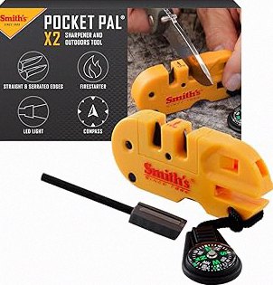 Smith’s 50364 Pocket Pal X2 Sharpener & Outdoors Tool – Yellow – Coarse and Fine – LED Light – Fire Starter – Signal Whistle - Compass product image