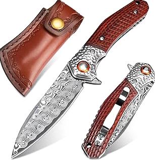 VALKNUT Damascus Pocket Folding Knife with Clip, Damascus Steel with Leather Sheath Wood Handle product image